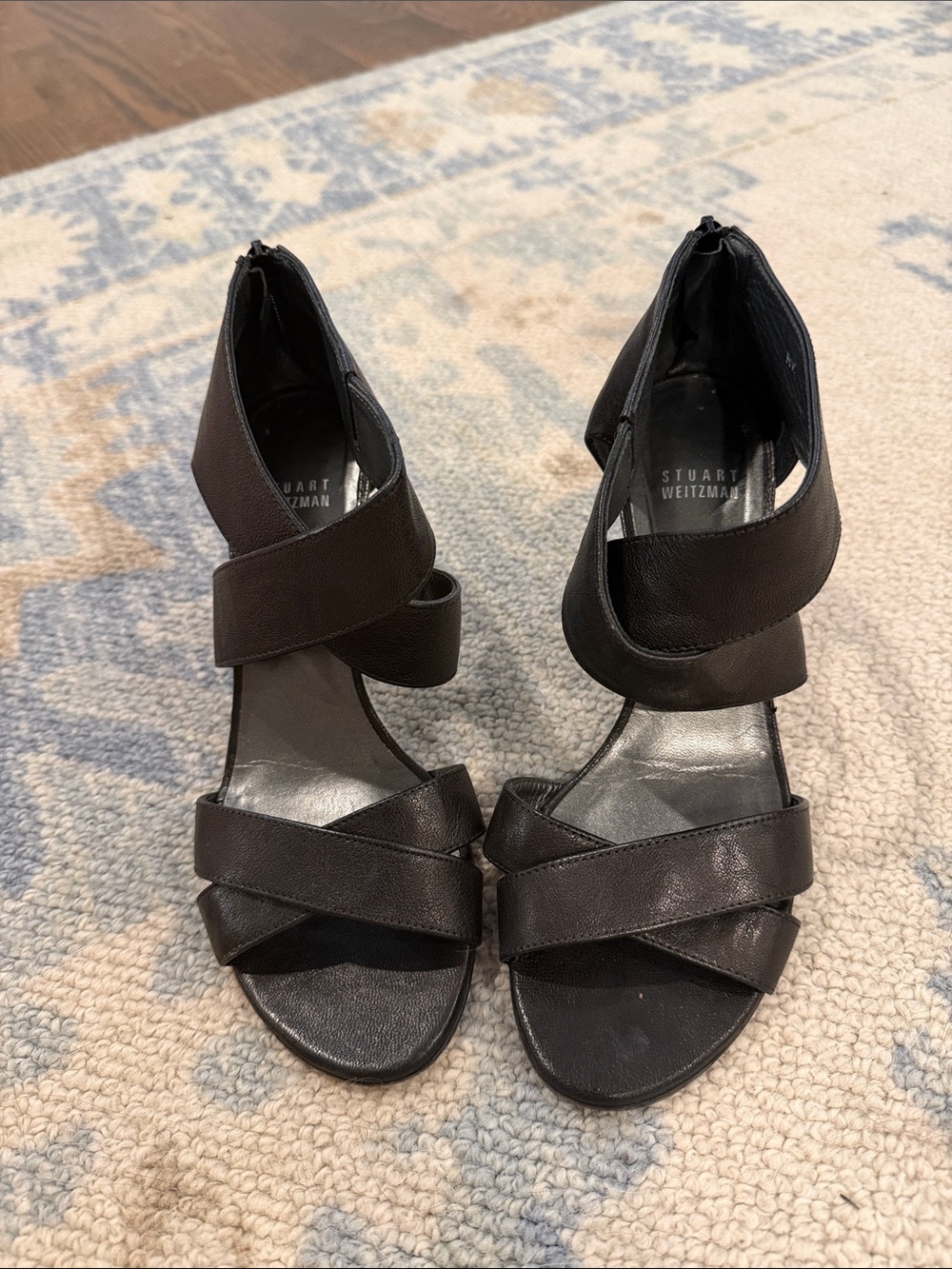 Stuart Weitzman Black Leather Crisscross Ankle-Heel Sandals
